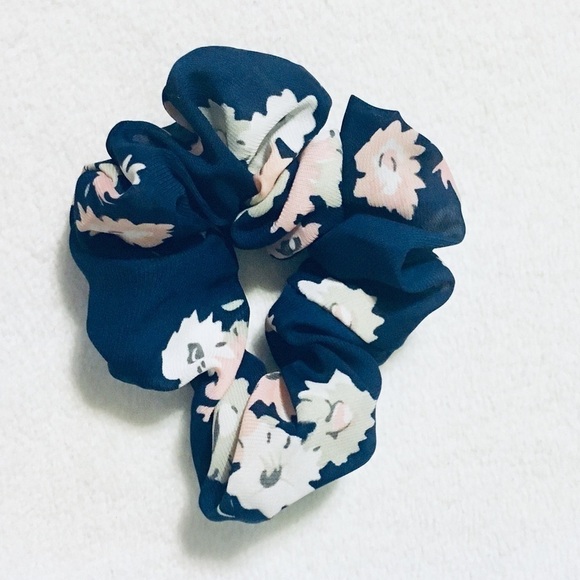 Chiffon Navy Blue Floral Chiffon Scrunchie - Picture 4 of 5
